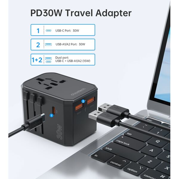 Ładowarka Choetech Uniwersalna ładowarka podróżna USB-C 2x USB-A PD 30W wtyczki USA EU UK AU czarna Uniwersalna ładowarka podróżna USB-C 2x USB-A PD 30W wtyczki USA EU UK AU czarna 14122254 6932112106193