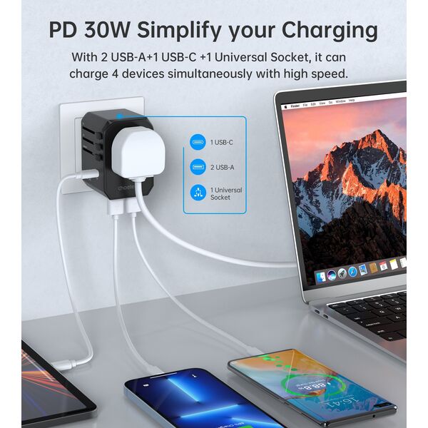 Ładowarka Choetech Uniwersalna ładowarka podróżna USB-C 2x USB-A PD 30W wtyczki USA EU UK AU czarna Uniwersalna ładowarka podróżna USB-C 2x USB-A PD 30W wtyczki USA EU UK AU czarna 14122254 6932112106193