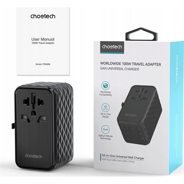 Choetech Adapter podróżny Choetech PD6028 EU / US / AUS / UK 2x USB-C 2x USB-A 100W - czarny 14127404 6932112105417