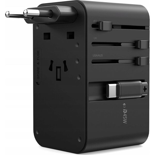Choetech Adapter podróżny Choetech PD5021 45W EU / US / AUS / UK z wbudowanym kablem USB-C - czarny 14127408 6932112106889