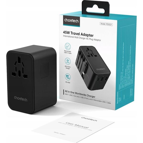 Choetech Adapter podróżny Choetech PD5021 45W EU / US / AUS / UK z wbudowanym kablem USB-C - czarny 14127408 6932112106889