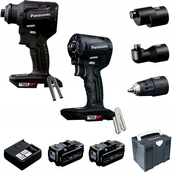 Zestaw narzędzi Panasonic Zestaw Panasonic:  wkrętarka EY1DD2, zakrętarka udarowa EY1PD1, 2x Akumulator 18V/5,0 Ah, ładowarka, systainer, 3 końcówki robocze 14128395 5904910033293