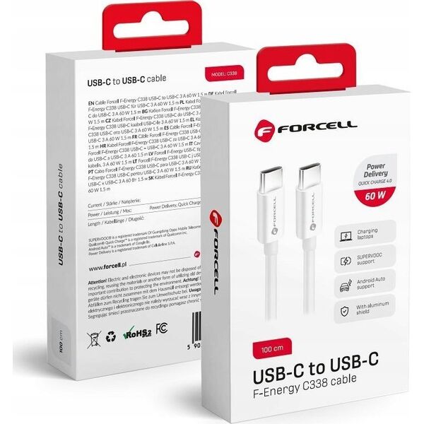 Kabel USB ForCell FORCELL F-ENERGY C338 kabel Typ C do Typ C PD QC4.0 3A 60W 1 m biały 14150544 5903396219580