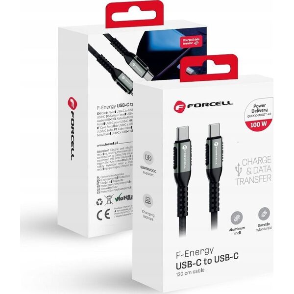 Kabel USB ForCell FORCELL F-ENERGY C260 kabel Typ C do Typ C QC4.0 PD 5A 100W Cafule 1,2 m czarny 14165772 5903396298257