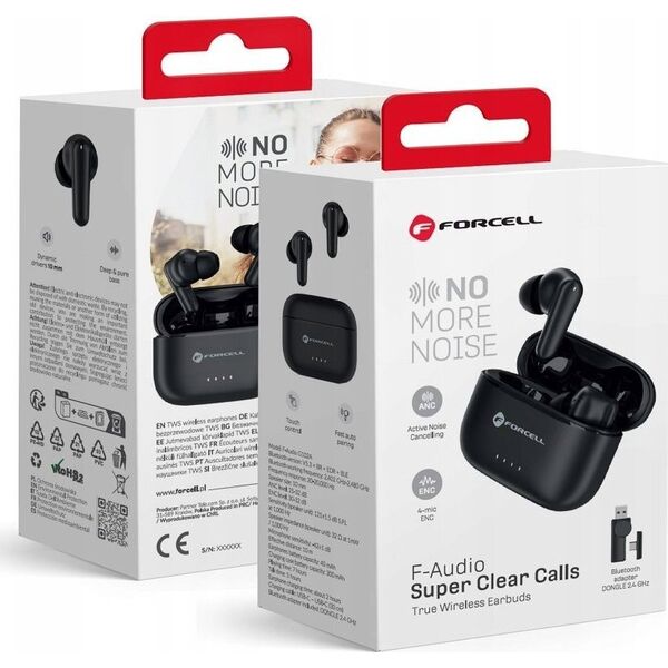 Słuchawki ForCell FORCELL F-AUDIO Super Clear Calls słuchawki bezprzewodowe bluetooth TWS ANC + ENC + DONGLE czarne 14168224 5903396285585