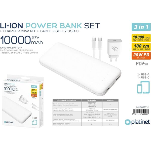 Powerbank Platinet Powerbank 10000mAh + ładowarka sieciowa 230V USB-C 20W + kabel USB-C -> USB-C 1m PLATINET biały (45998) 14189839 5907595459983