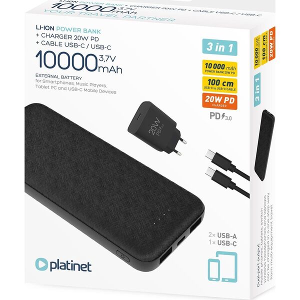 Powerbank Platinet Powerbank 10000mAh + ładowarka sieciowa 230V USB-C 20W + kabel USB-C -> USB-C 1m PLATINET czarny (45993) 14189889 5907595459938