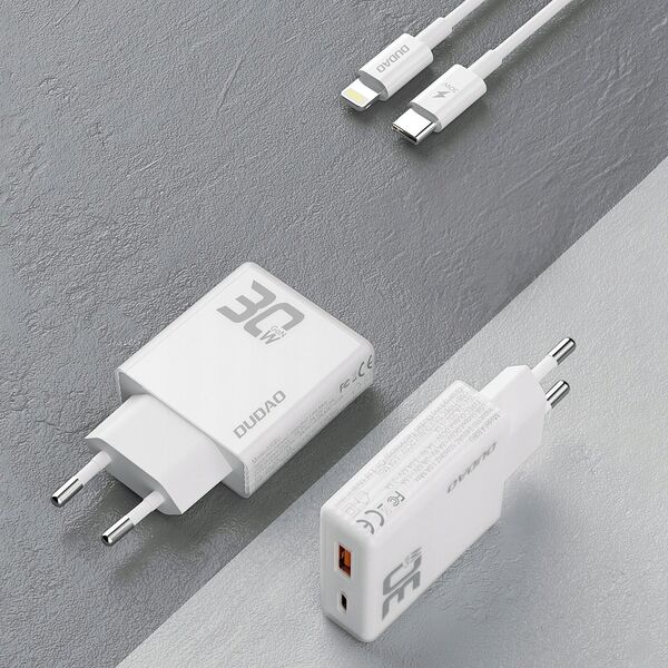 Ładowarka Dudao Ładowarka sieciowa GaN Dudao A30EUL 30W USB-A / USB-C + kabel USB-C - Lightning - biała 14203621 6976625332816