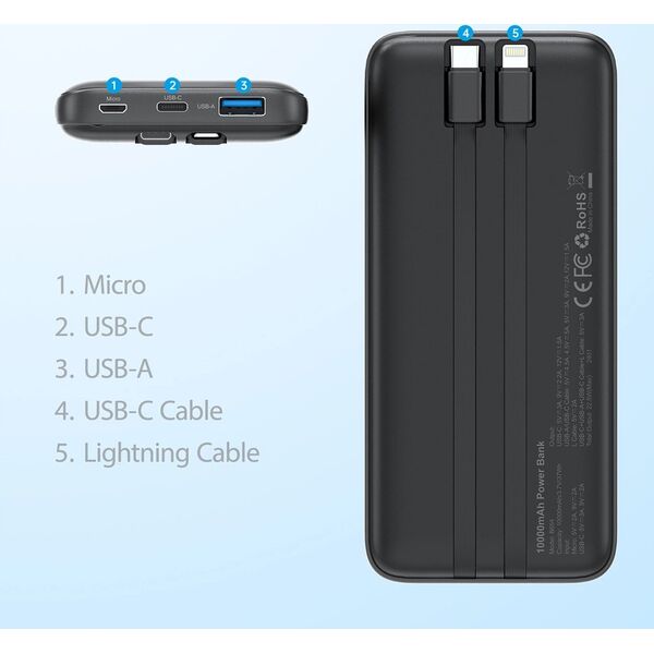 Powerbank Choetech Powerbank Choetech B654 10000mAh 22.5W USB-A / USB-C / micro USB z wbudowanym kablem USB-C / Lightning - czarny 14205356 6932112106087