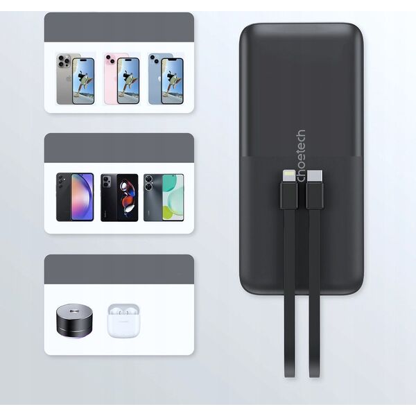 Powerbank Choetech Powerbank Choetech B654 10000mAh 22.5W USB-A / USB-C / micro USB z wbudowanym kablem USB-C / Lightning - czarny 14205356 6932112106087