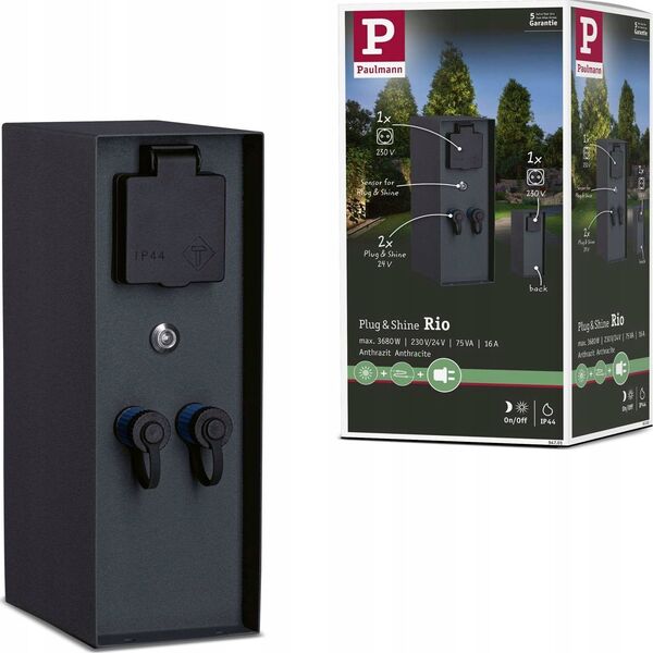 Paulmann Zewnętrzna kolumna zasilająca RIO 2GN. 24V Plug & Shine + 2GN. 230V IP44 + czujnik zmierzchu stal szlachetna / antracyt 14215140 4000870947012