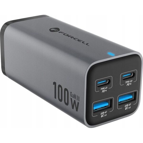 Ładowarka ForCell FORCELL F-ENERGY GaN III VT-49 ładowarka biurkowa 2 x Typ C + 2 x USB A PD QC4.0 SFC2.0 5A 100W szara 14221351 5903396299094
