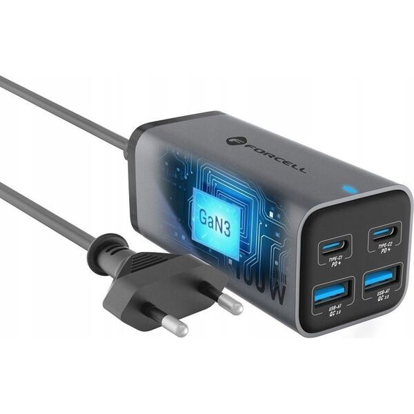 Ładowarka ForCell FORCELL F-ENERGY GaN III VT-49 ładowarka biurkowa 2 x Typ C + 2 x USB A PD QC4.0 SFC2.0 5A 100W szara 14221351 5903396299094