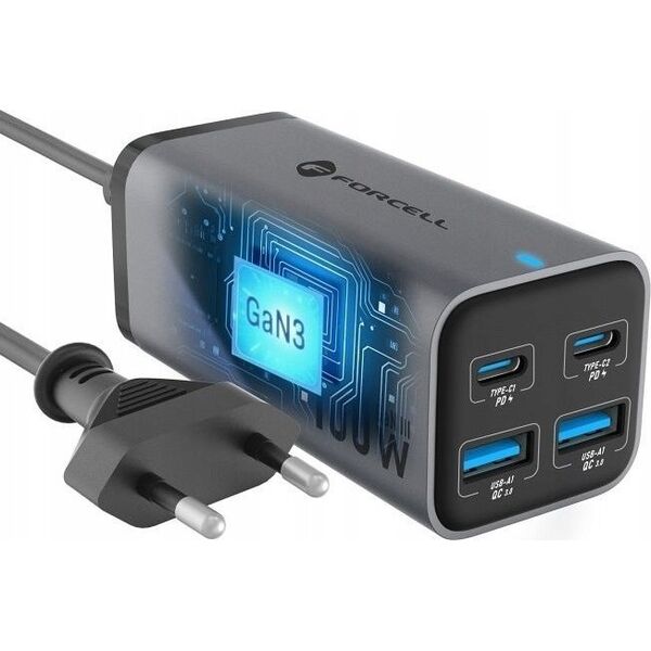 Ładowarka ForCell FORCELL F-ENERGY GaN III VT-49 ładowarka biurkowa 2 x Typ C + 2 x USB A PD QC4.0 SFC2.0 5A 100W szara 14221351 5903396299094