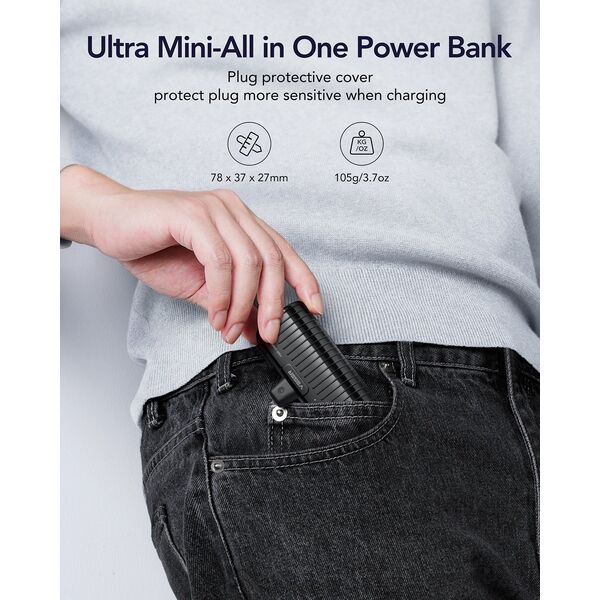 Powerbank Veger VEGER powerbank 5 000 mAh z wbudowanym złączem Typ C PlugOn PD QC3.0 3A 20W W0558 czarny 14243795 6970453558448