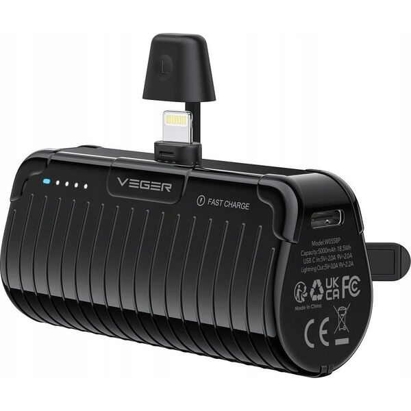 Powerbank Veger VEGER powerbank 5000 mAh z wbudowanym złączem Lightning PlugOn PD QC3.0 2,4A 20W W0558P czarny 14243829 6970453556826