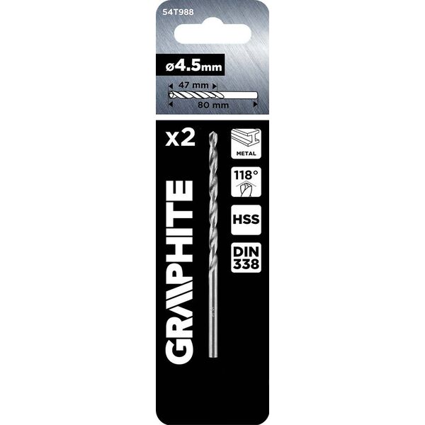 Wiertło Graphite Wiertła do metalu HSS, DIN 338, 4,5 mm, 2 szt. 14254192 5902062055682