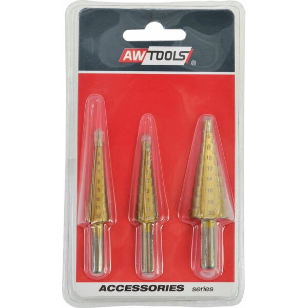 Wiertło AWTools AWTOOLS WIERTŁA STOPNIOWE HSS-TIN KOMPLET 3 SZTUKOWY / 3-12mm / 4-12mm / 4-20mm 14268403 5903678615246