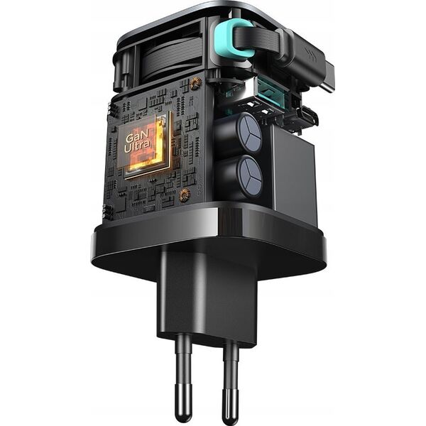 Ładowarka Joyroom Ładowarka GaN Joyroom JR-TCL02 65W USB-A USB-C z wbudowanym kablem USB-C - czarna 14397123 6956116714475