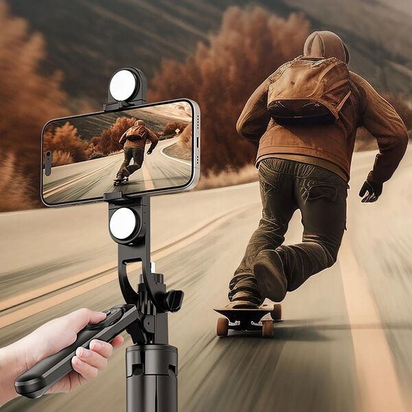Selfie stick Hurtel Selfie stick WH181D-Y1S teleskopowy statyw 1.75m ze stopu aluminium z podwójną lampą i uchwytem na telefon - czarny 14146939 5907769360657