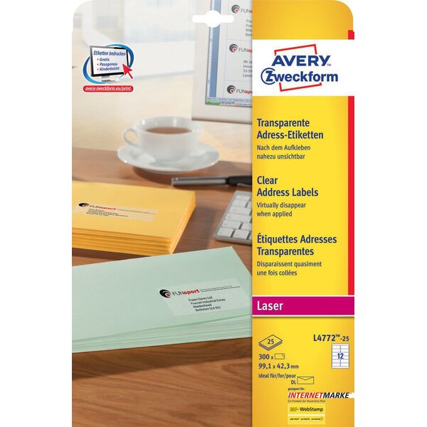 Avery Zweckform Przezroczyste etykiety adresowe 99.1 x 42.3 mm (L4772-25) 1569227 4004182047729