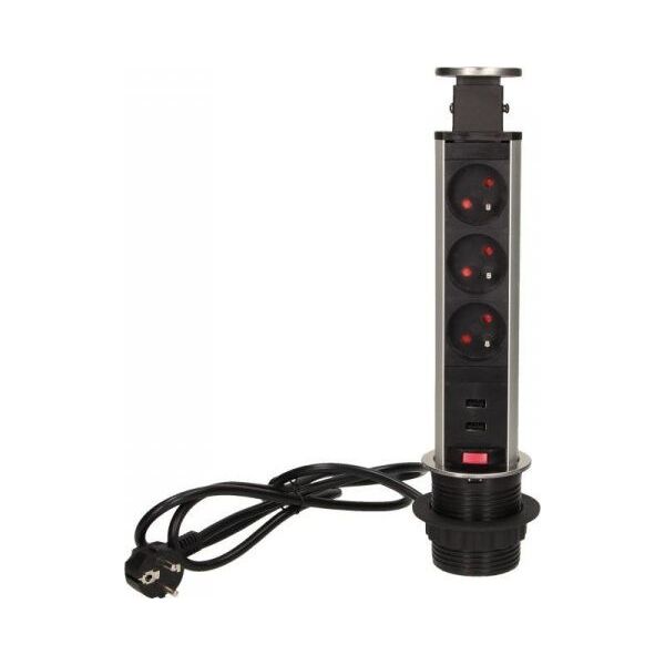 Orno Gniazdo meblowe, 3x250V AC wysuwane z blatu z ładowarką USB, blokadą i przewodem 1,8m