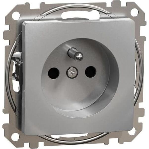 Schneider Electric Sedna Design, Gniazdo 2P+PE z przesłonami (zaciski bezgwintowe), srebrne aluminium