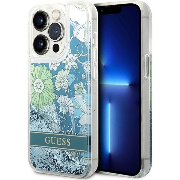 Guess Etui Guess Flower Liquid Glitter HardCase do iPhone 14 Pro zielone