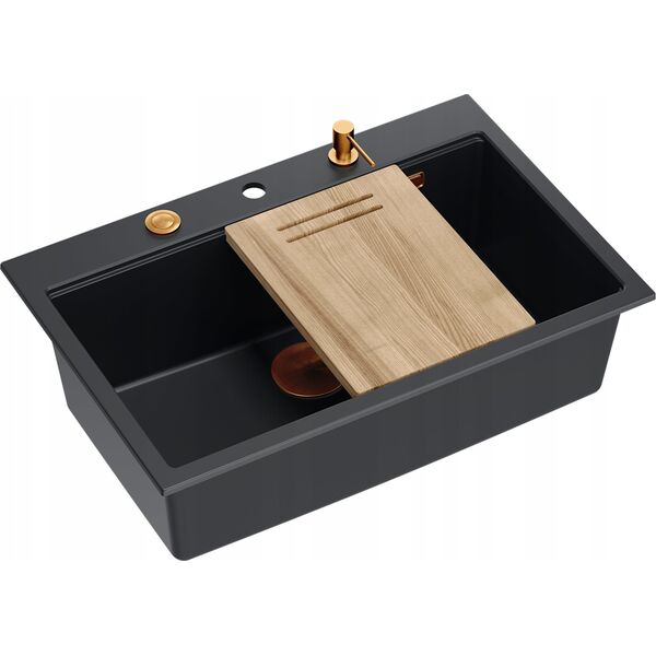 Zlewozmywak GraniteQ Zlewozmywak granitowy MARC 1-komorowy 76x50 cm czarny/pure carbon + Nano MIEDŹ PVD