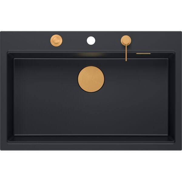 Zlewozmywak GraniteQ Zlewozmywak granitowy MARC 1-komorowy 76x50 cm czarny/pure carbon + Nano MIEDŹ PVD