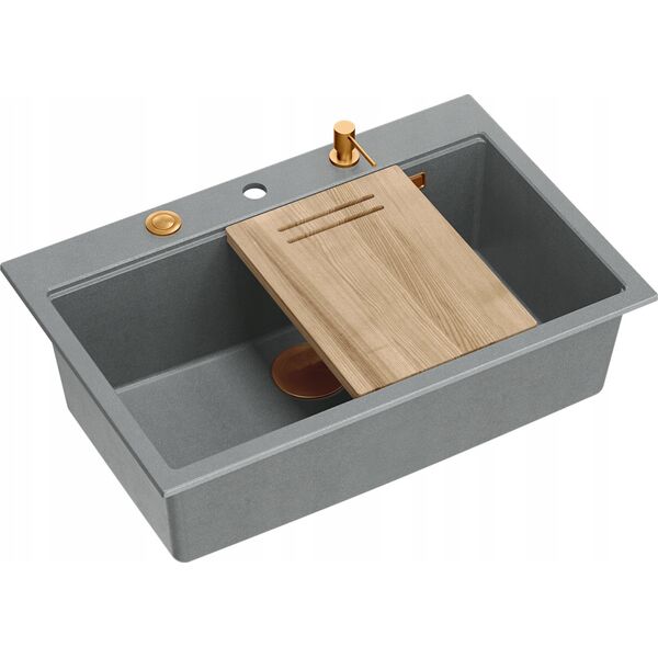 Zlewozmywak GraniteQ Zlewozmywak granitowy MARC 1-komorowy 76x50 cm szary/silver stone + Nano MIEDŹ PVD
