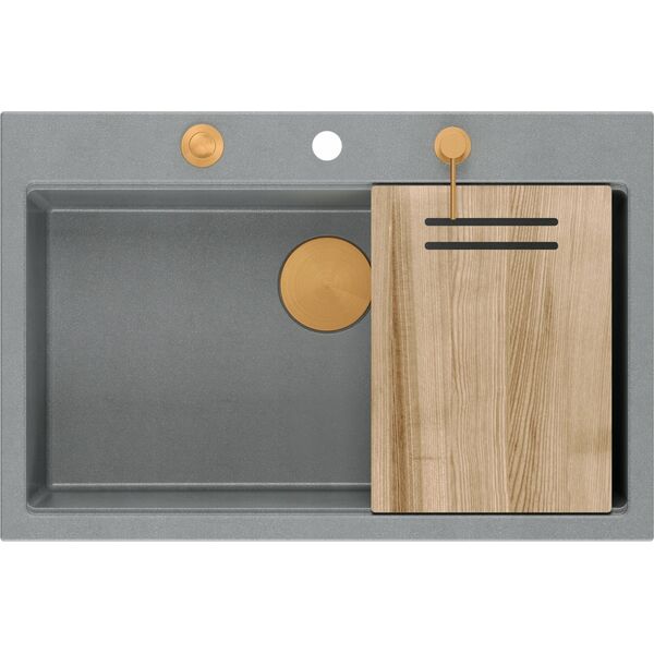 Zlewozmywak GraniteQ Zlewozmywak granitowy MARC 1-komorowy 76x50 cm szary/silver stone + Nano MIEDŹ PVD