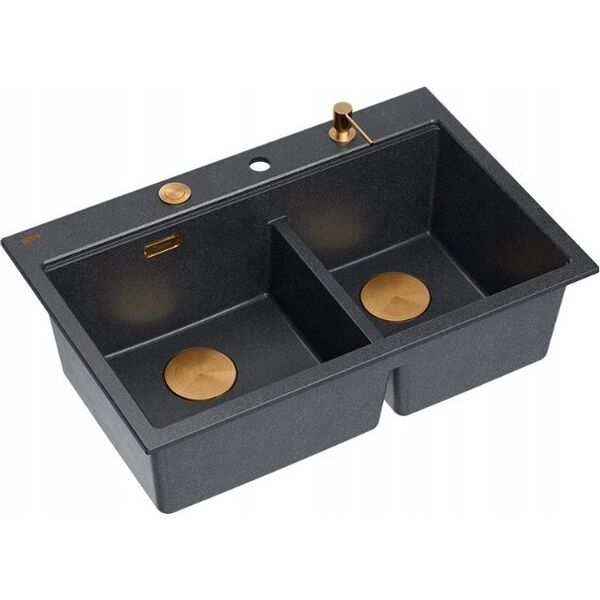 Zlewozmywak GraniteQ MARC 120 WORKSTATION GraniteQ zlewozmywak 2-komorowy 760*500*235 mm black diamond + syfon push to open + dozownik + deska + wkładka / elementy miedzia