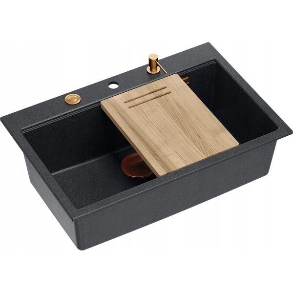 Zlewozmywak GraniteQ Zlewozmywak granitowy MARC 1-komorowy 76x50 cm czarny/black diamond + Nano MIEDĹą PVD