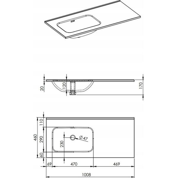 Umywalka RE041001068060 / ELITA / SKAPPA / UMYWALKA CERAMICZNA 100 BEZ OTWORU LEWA (60+40) WHITE / 146036 /