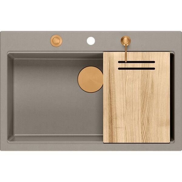 Zlewozmywak GraniteQ Zlewozmywak granitowy MARC 1-komorowy 76x50 cm szarobeżowy/soft taupe + Nano MIEDŹ PVD