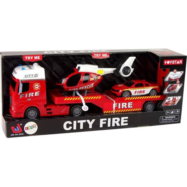 LeanToys Zestaw Straż Pożarna Laweta Autko Helikopter Dźwięk Światła Czerwone LEAN Toys
