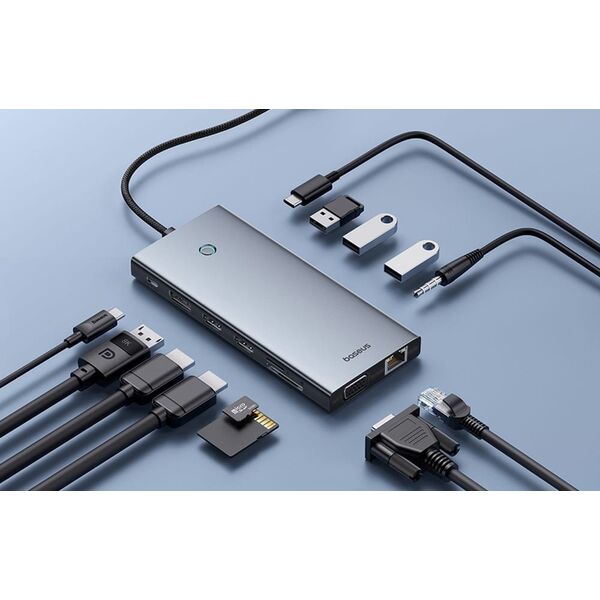Baseus Hub 13w1 Baseus PortalJoy USB-C do HDMI+DP+VGA+C+USB+PD+RJ45+SD/TF+3.5mm (szary)