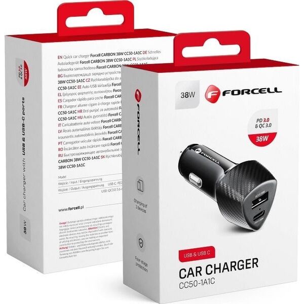 Ładowarka ForCell FORCELL CARBON ładowarka samochodowa Typ C 3.0 PD20W + USB QC3.0 18W 5A CC50-1A1C czarna (Total 38W)