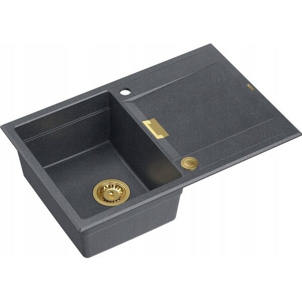 Zlewozmywak Owen OWEN 111 GraniteQ zlewozmywak z syfonem Push 2 Open 1-komorowy z/o (760x500x215| kom. 330x430) black diamond / elementy złote