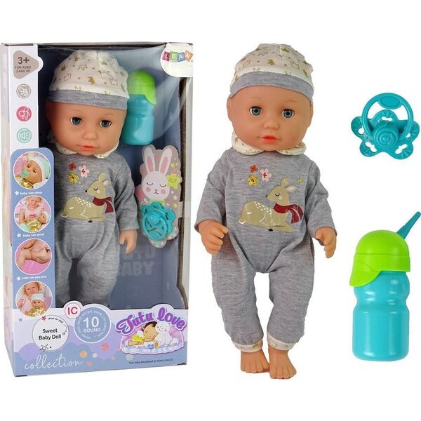 LeanToys Lalka Bobas Siusia Dźwięk Smoczek Butelka Szara Piżama