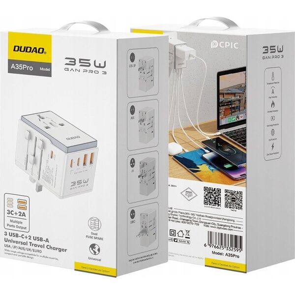 Dudao Adapter podróżny Dudao A35Pro 35W EU / UK / AUS / US / JP 3x USB-C 2x USB-A - biały
