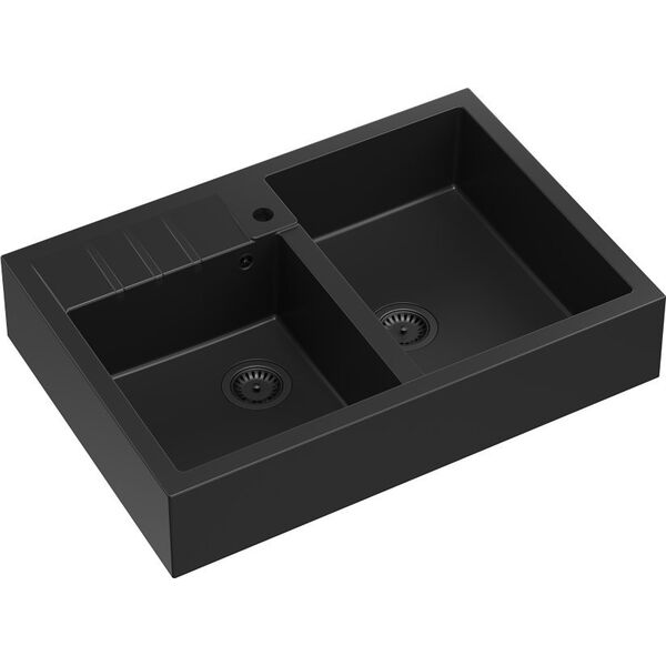 Zlewozmywak GraniteQ Quadron | BILL 120 | granitowy zlewozmywak kuchenny CZARNY mat | wymiary: 90 x 62 x 20,5 cm | 2-komorowy nakładany na szafkę | podbudowa szafki: od 90 cm