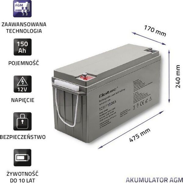 Qoltec Akumulator AGM | 12V | 150Ah | max. 2250A
