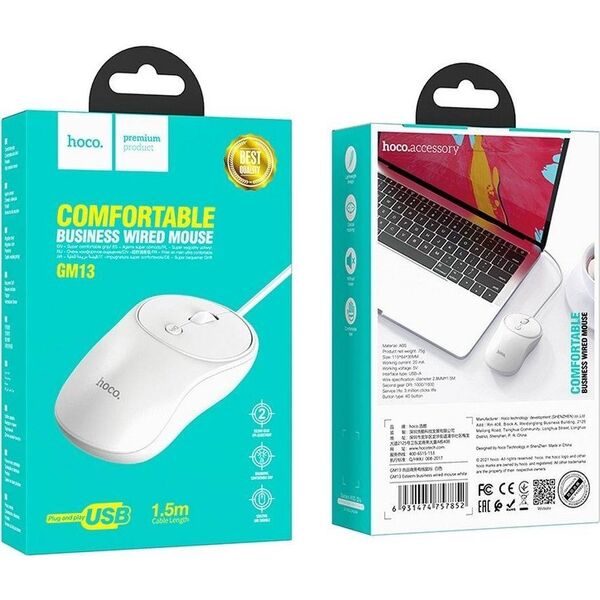Mysz Hoco HOCO mysz komputerowa przewodowa USB A GM13 1,5 m biała