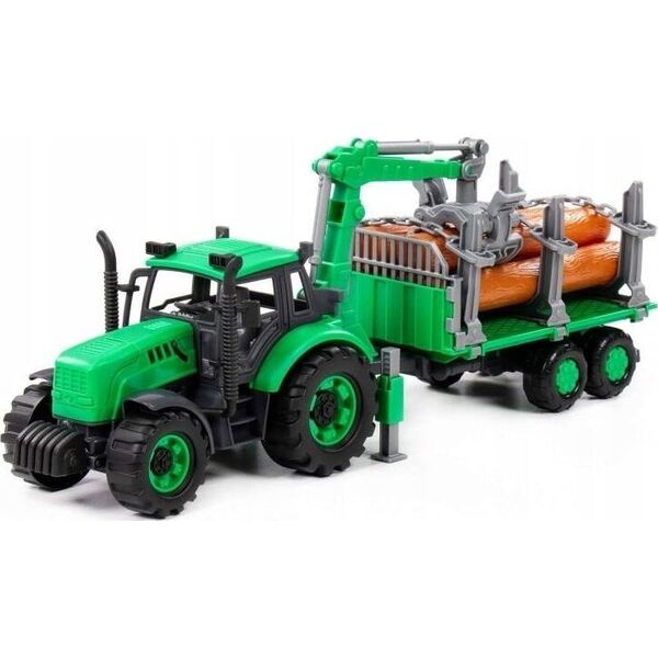 Polesie Polesie 96487 Traktor Progres inercyjny z podnośnikiem i przyczepą do przewozu drewna, zielony w pudełku