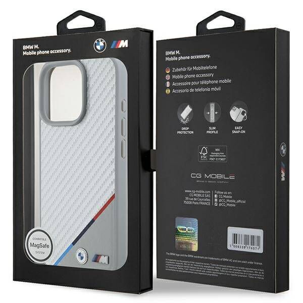 Original Case IPHONE 16 PRO BMW Hardcase M Carbon Tricolor Line MagSafe (BMHMP16L23PUDTS) gray 3666339312046