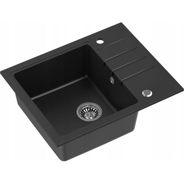 Zlewozmywak GraniteQ PETER 116 GraniteQ zlewozmywak granitowy pure carbon 1-komorowy z/o (62x50x20) z syfonem pure carbon i zaślepką kol. czarny