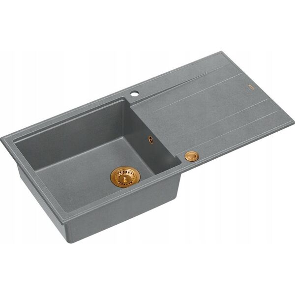 Zlewozmywak GraniteQ EVAN 146 XL GraniteQ zlewozmywak z syfonem Push 2 Open 1-komorowy z/o (1000x500x210| kom. 420x480) silver stone / elementy miedziane