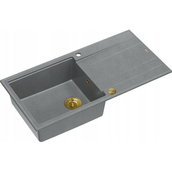 Zlewozmywak GraniteQ EVAN 146 XL GraniteQ zlewozmywak z syfonem Push 2 Open 1-komorowy z/o (1000x500x210| kom. 420x480) silver stone / elementy złote